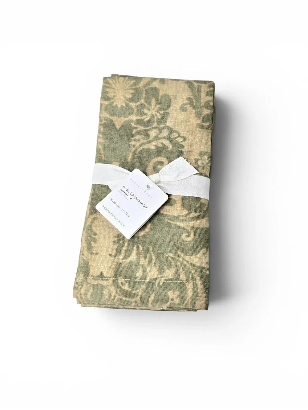 Pottery Barn Cloth Napkins, Green Damask, Set Of 4